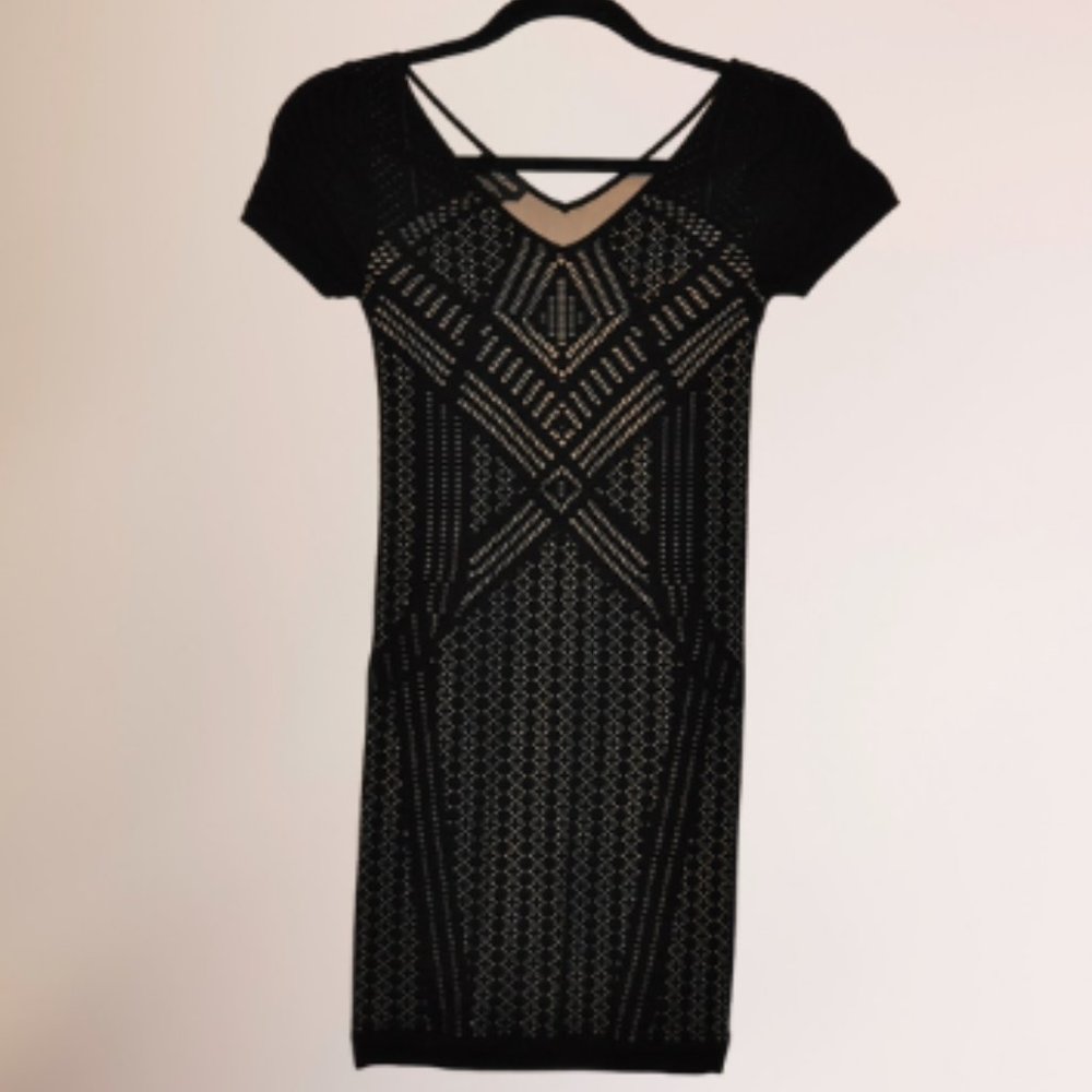 BEBE LACE OVERLAY MINI DRESS - BLACK-MED-LG